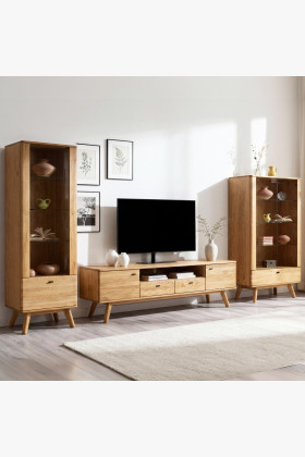 Wohnwand massiv Eiche 2 Vitrinen TV-Kommode natur